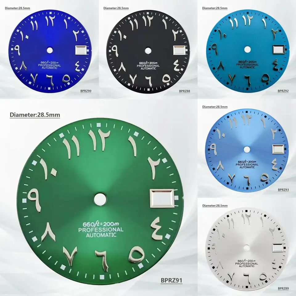 28,5 mm zelené modré arabské číslo S logo Dial NH Dial 35 Strieborný necht Arabská abeceda bez nočného svetla Dial