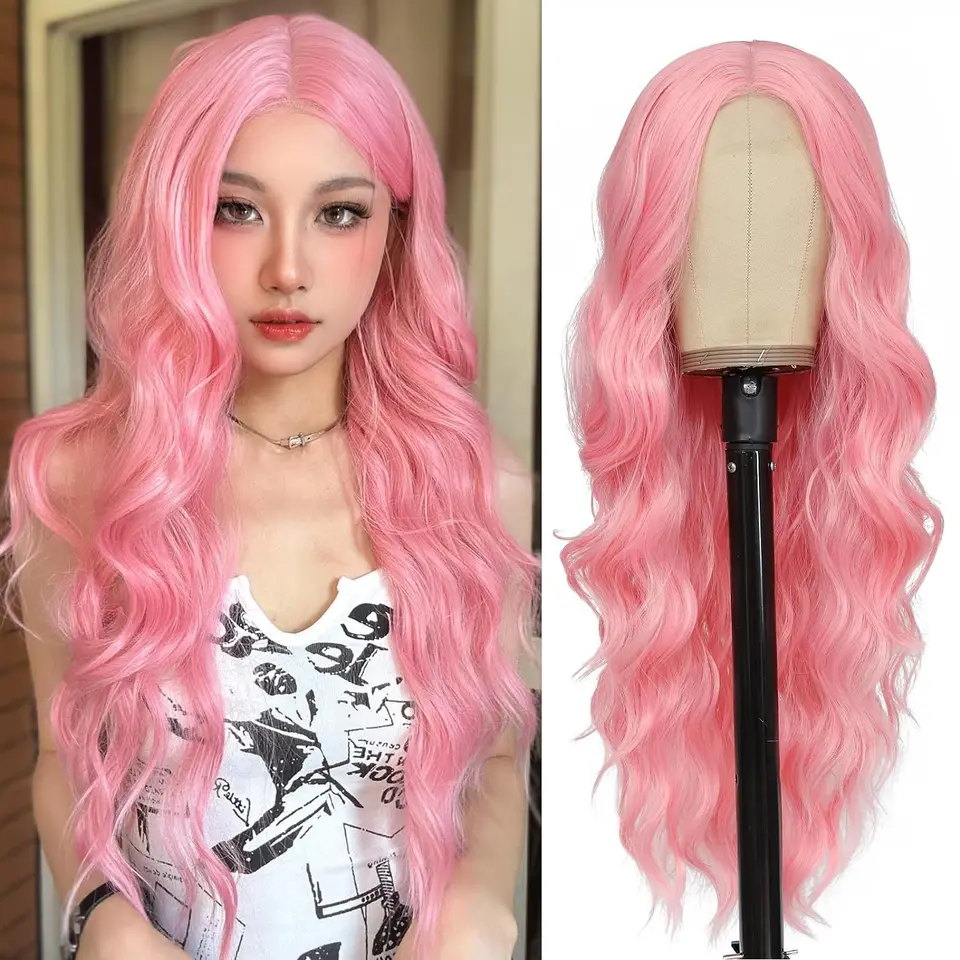 28 palcová super dlhá ružová sfarbená vlna tela Syntetická parochňa Blondínka dlhá vlnitá vlákno -Lace Lace čelné parochne Cosplay Používajte vlasy vlasy