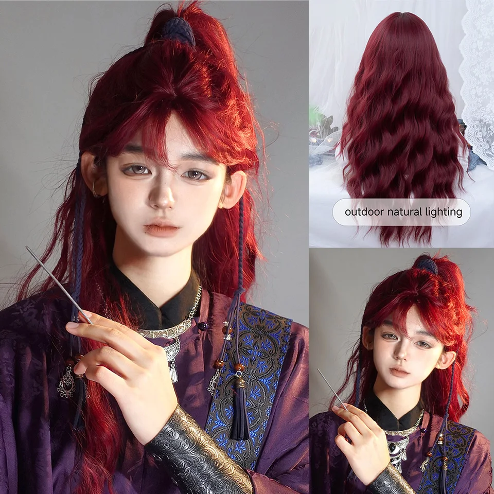 28inch Víno Červené klasické štýl Syntetické parochne s Bangom Dlhé vlnité vlasy parochňa pre mužov alebo ženy Cosplay ťahajte denne odolné voči tepelne odolnosti