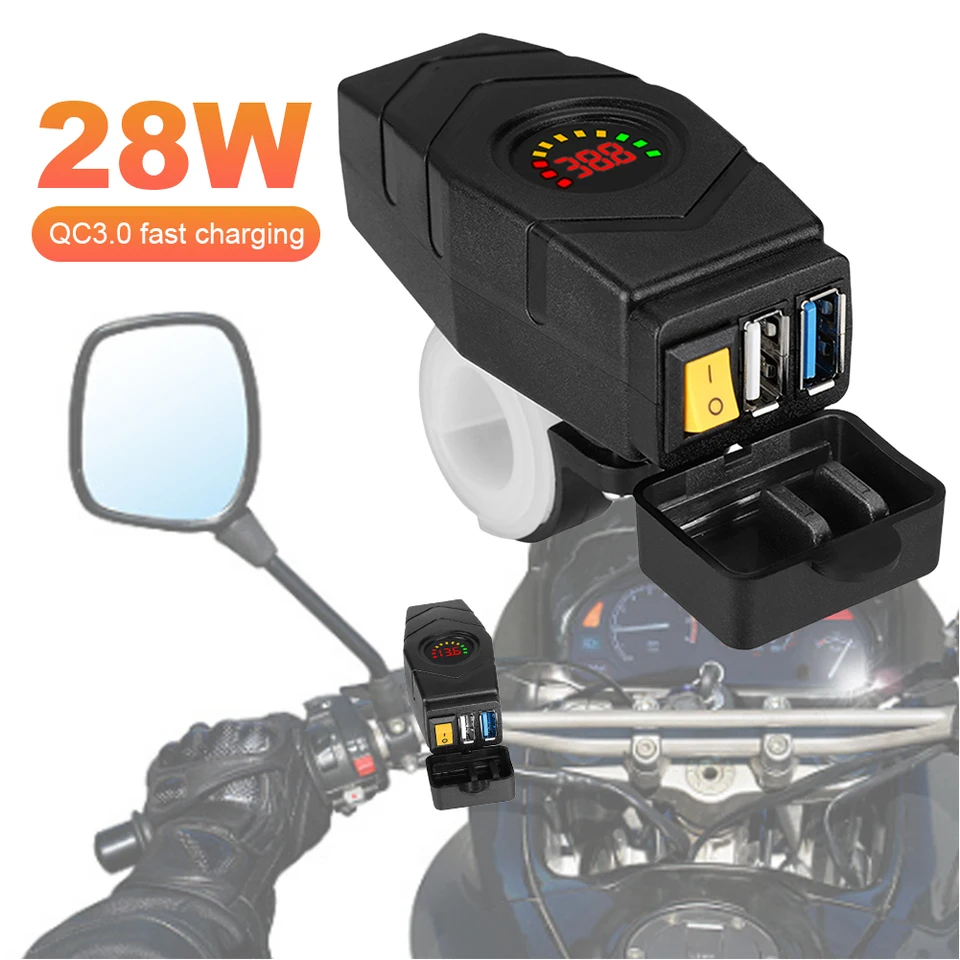 28W QC3.0 E-Bike Runchar Runchar nabíjačka s spínačom Dual USB Rýchle nabíjanie Adaptér Nepoodetný kryt 20-90V Motocyklové príslušenstvo