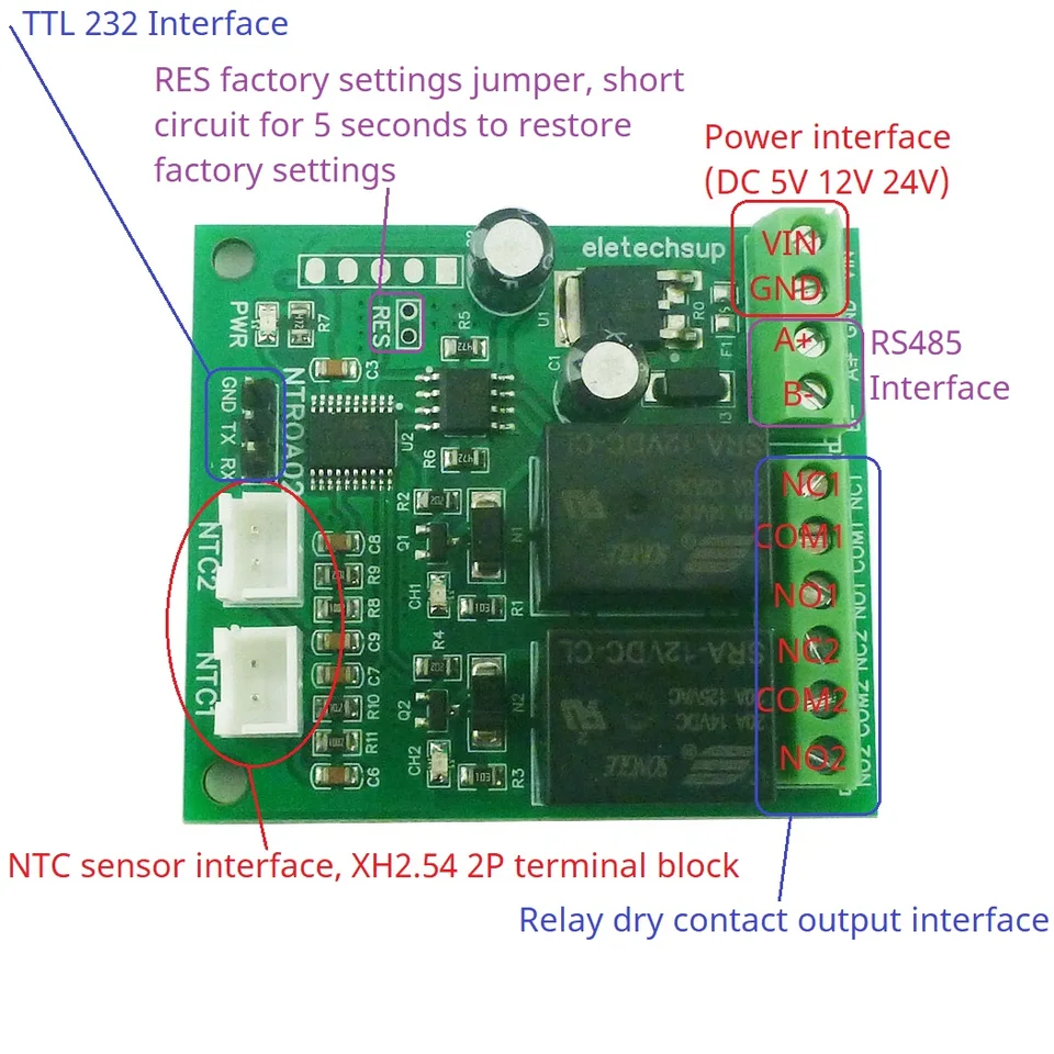 2AI-2DO NTC RELE RS485 RS232 (TTL) Analógový digitálny digitálny modbus RTU vzdialený IO MODULOVÝ VSTUP Vstupná výstup NTROA02