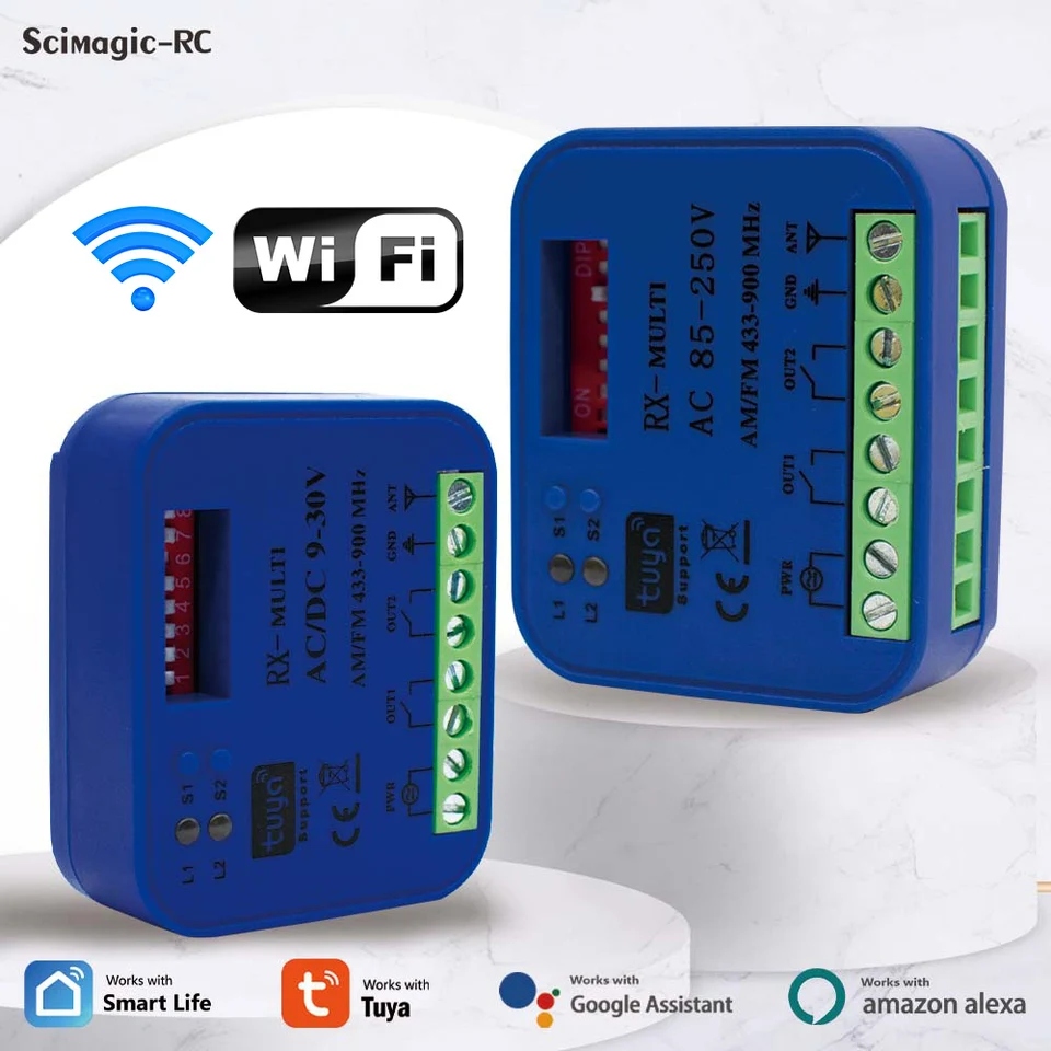 2CH TUYA WIFI Universal RX Multi Garage Door Dramo ovládanie prijímača 433MHz 868MHz prepínač DC AC 9-30V 85-250V Smart Life Alexa Alexa