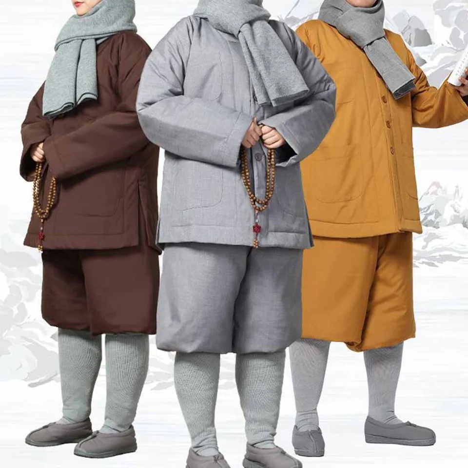 2Color unisex zimné teplé mníchky vyhovuje budhizmu opát mníška bojové umenia zen kabát ležať jednotné meditačné oblečenie sivé/žlté