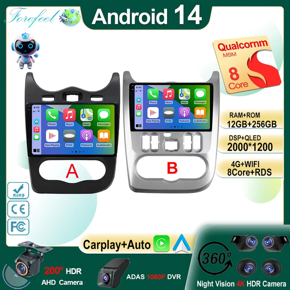 2Din 4G Android 14 Car Radio Multimedia Video Player pre Renault Logan 1 Sandero 2009 - 2015 Dacia Duster GPS CarPlay Navigation
