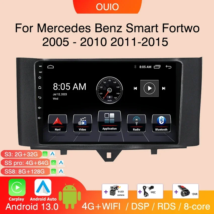 2Din Android 13 Radio pre Mercedes Benz Smart Fortwo 2005 - 2010 2011-2015 Car Stereo Multimedia Player CarPlay Auto GPS Navi
