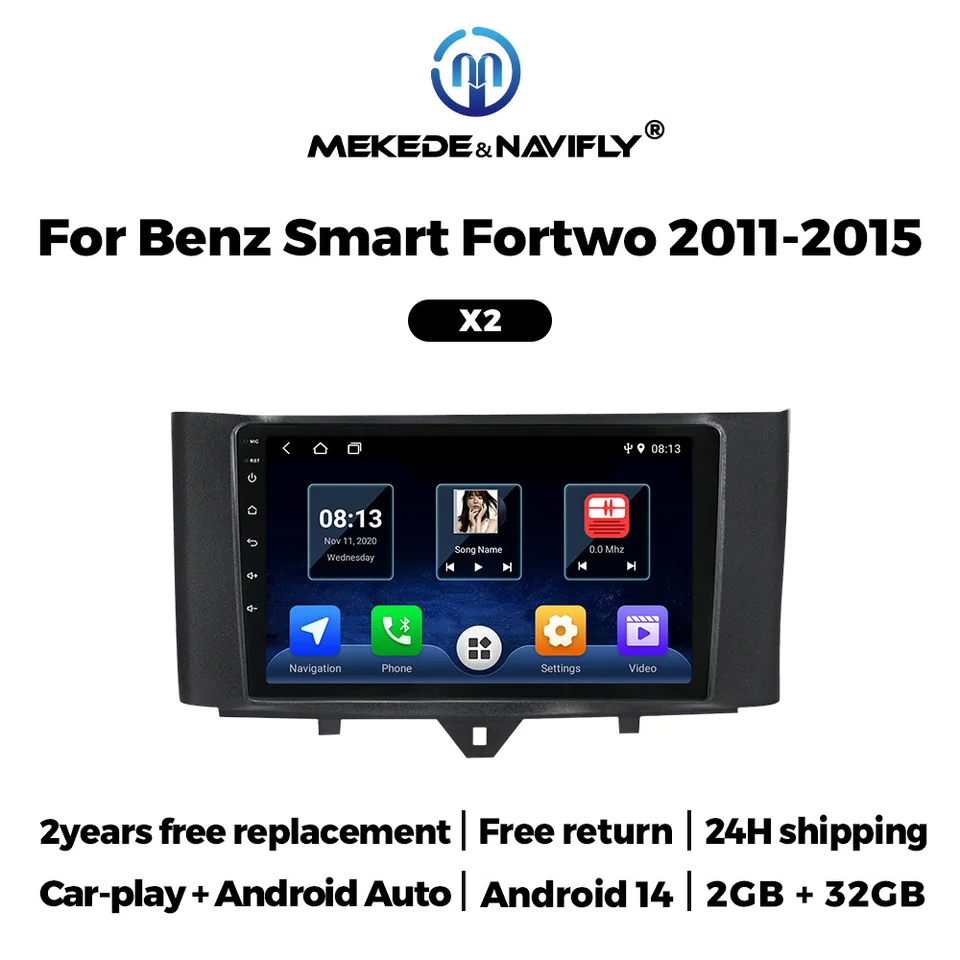 2Din Android 14 Car Radio Radio Stereo Hostiteľská jednotka Wireless CarPlay Autoradio Multimedia Player pre Mercedes Benz Smart Fortwo 2011-2015