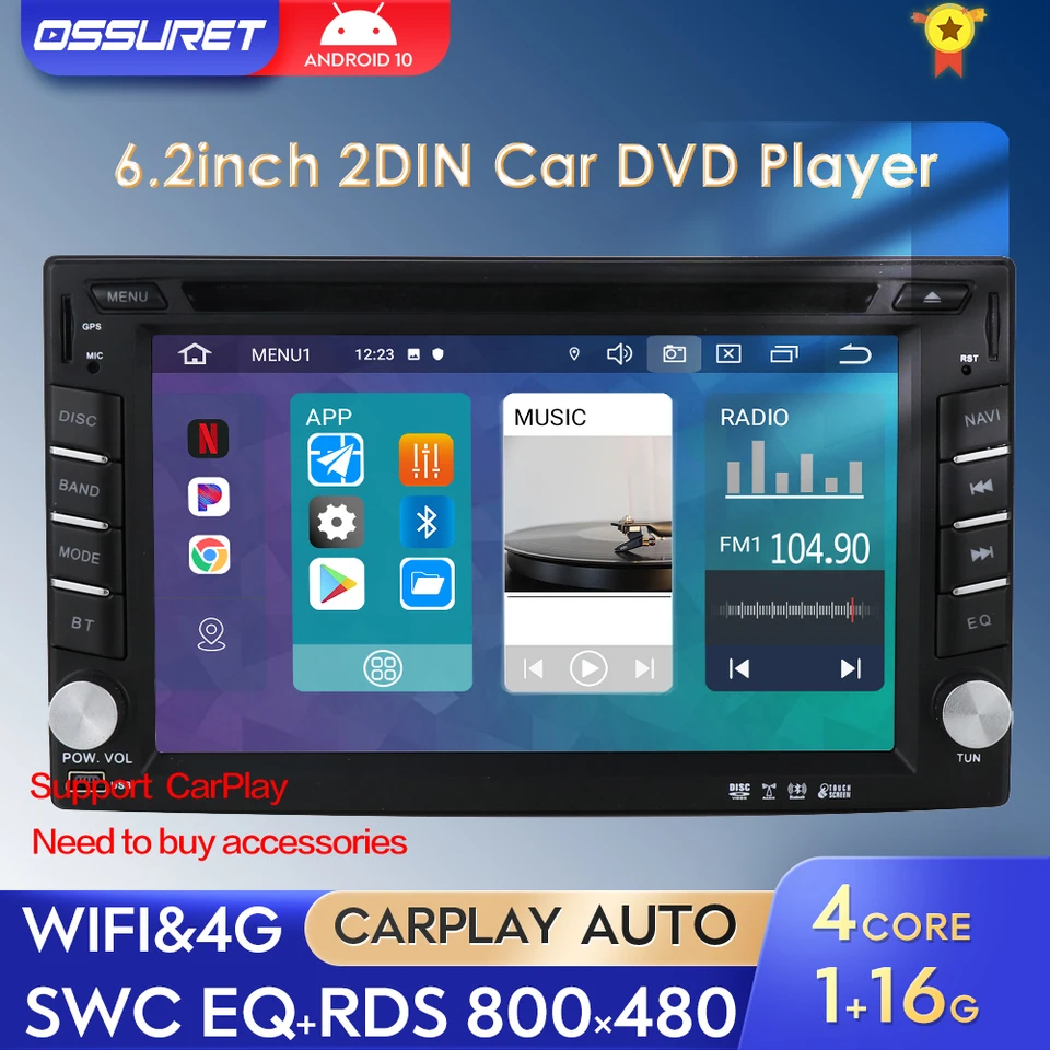 2Din Car Radio Android 10 Multimediálny DVD prehrávač pre Volkswagen Nissan Hyundai Autoradio 6.2 -palcový hlava 4G Bluetooth GPS Navi