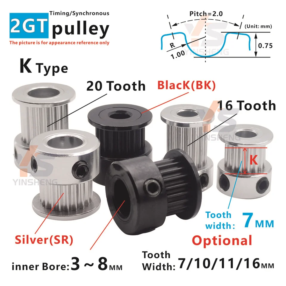 2GT K Typ 16T 20teeth Synchrónny otvor kolies 3 3,17 4 5 6 6,35 8 mm Šírka pásu 6 10 15 mm G2M Časová kladka 3D Časti tlačiarne 3D tlačiareň