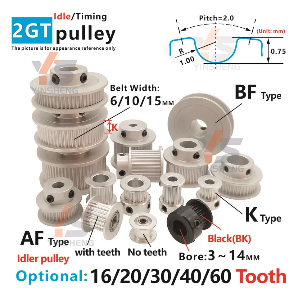 2GT K-Type 16 20-zubov synchrónne koleso BF 30 40 60T Kroková kladka Motor 2m 16 20T s šírkou opasku ložiska 6 10 15 mm 3D