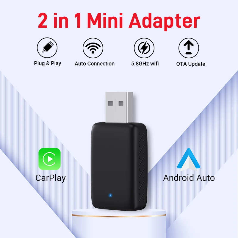 2in1 Wireless CarPlay & Android Automatic Box 2in1 Wired to Wireless Dongle Automatic Connect Adapter Bluetooth Plug & Play Mini Box