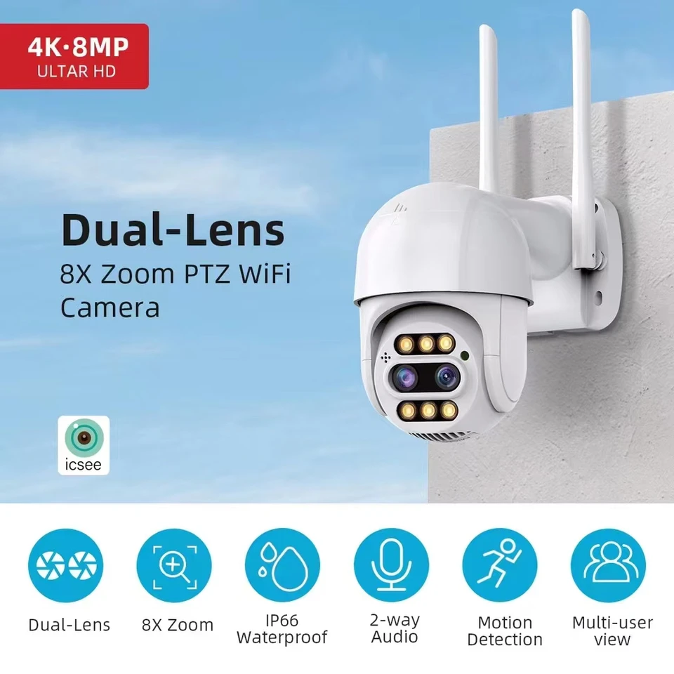 2K HD 4MP ICSEE APP 8X ZOOM DUALSON DUALSS PTZ IP DOME KAMERA AI HUMUNOID DETECTION CELÁLNA Zabezpečenie CCTV Intercom Baby Monitor