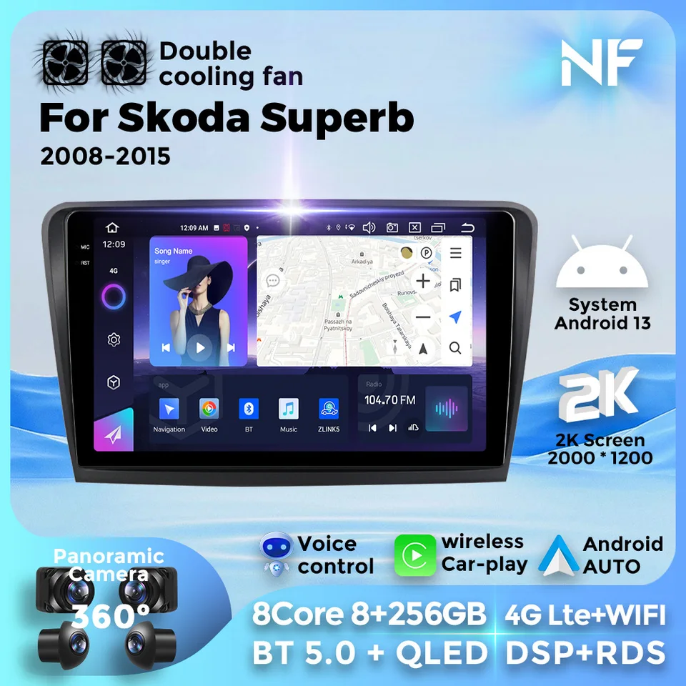 2K QLED obrazovky Android 13 Car Radio Multimedia Video Player GPS NAVI pre SKoda Superb 2 B6 2008-2015 CarPlay 2Din Head Unit DSP DSP