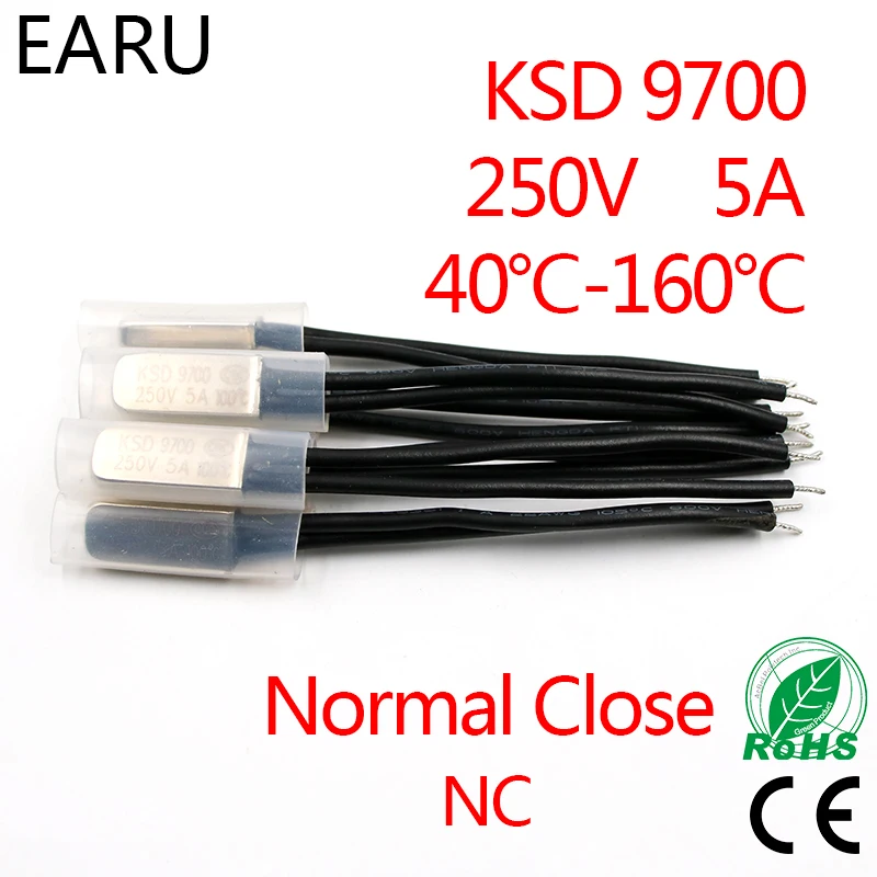 2ks KSD9700 250V 5A Bimetal Disk Teplotný spínač N/C Normálny blízky NC termostat termálny chránič 40 ~ 135 stupňov Centigrade