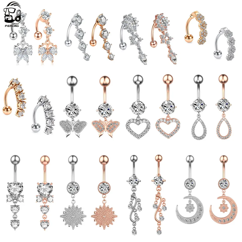 2ks/los reverzná barová kvetina kvetinové brušné krúžky brucho pre ženy Dievčatá 14G z nehrdzavejúcej ocele zirkón Zirking visiace brušné piercing