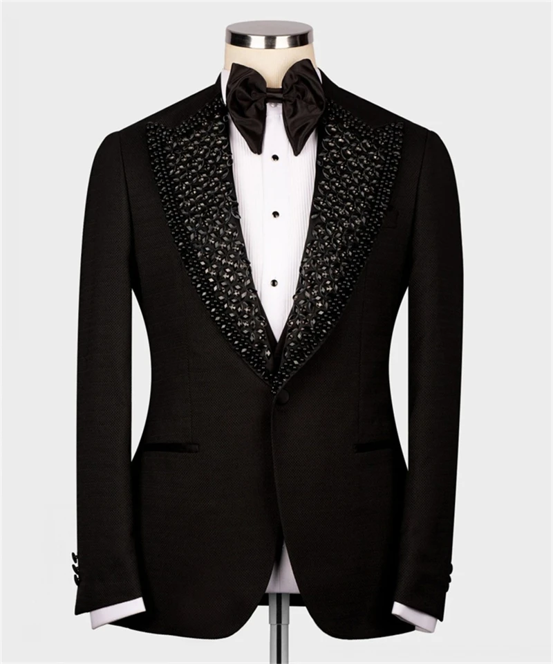 2KS Luxusné svadobné smokingové smokingové čierne formálne ženích Muži obleky Slim Fit Crystals Korálkové mužské blazer nohavice na mieru Prom Prom Party Suit