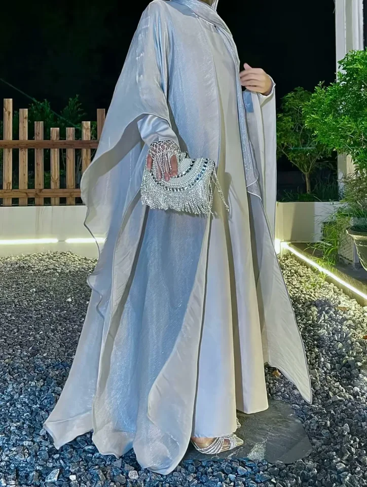 2ks moslimské módne dubajské ženy lesklé otvorené kimono abaya saudský marocký kaftan elegantný elegantný večierok oblečenie turecké arabské rúcho jalabiya