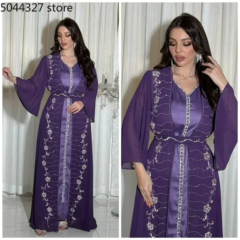 2ks oblek set žien Moslimské diamanty kvety Kimono Otvorené vonkajšie šaty s pásovými rukávmi bez rukávov Elegantné elegantné V-krk Abaya