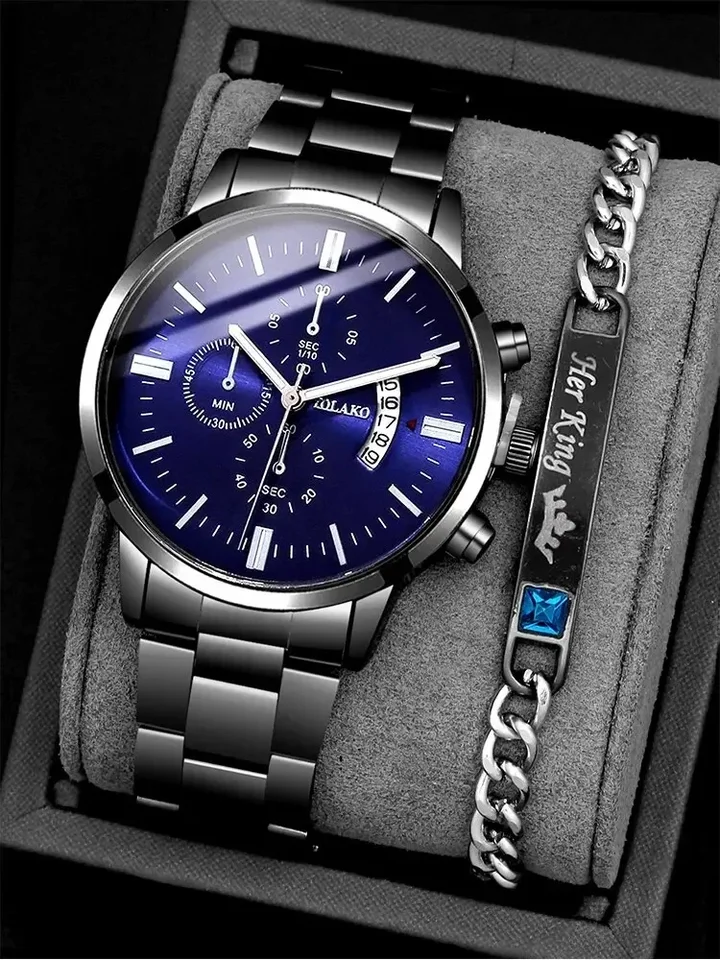 2KS Pánske obchodné gentleman oceľové kalendáre kalendár Quartz Watch+reťazové náramky Set Watch