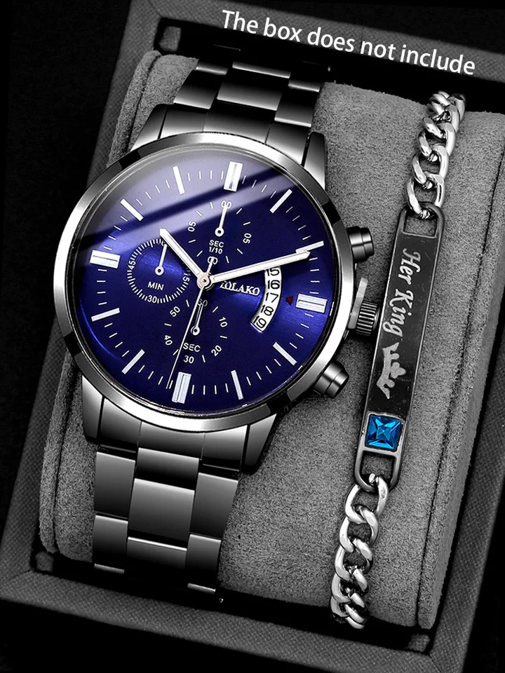 2KS Pánske obchodné gentleman oceľové kalendáre kalendár Quartz Watch+reťazové náramky Set Watch