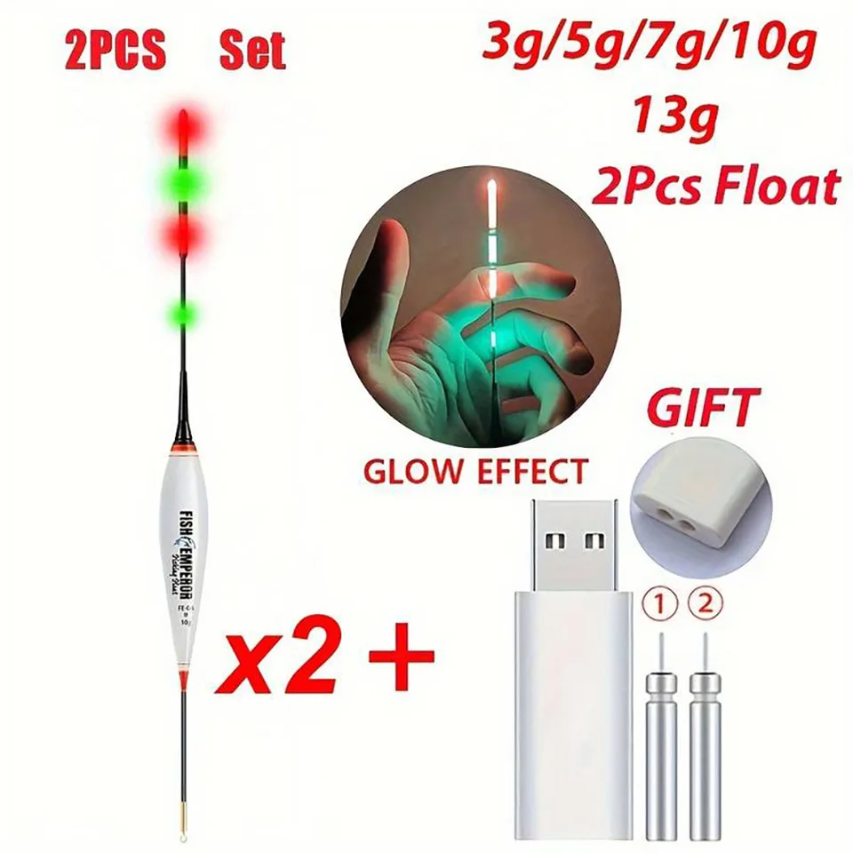 2ks rybárska plaváková sada, 3g/5g/7g/10g/13g LED žiarivý plavák+CR425 Charger Night Fishing Tackles 2024 Rybárske vybavenie