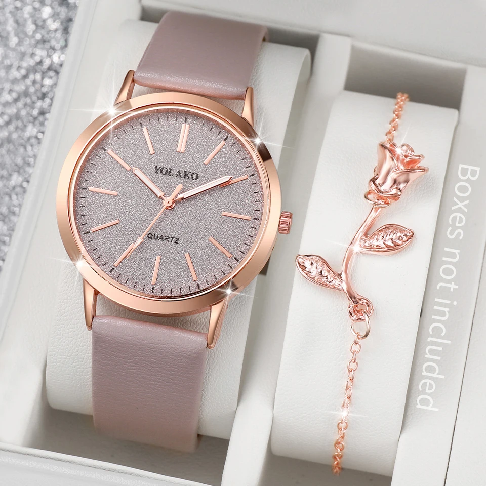 2ks/set dámske hodinky lesklé módy PU kožené analógové kremenné hodinky Rose Flower Náramok