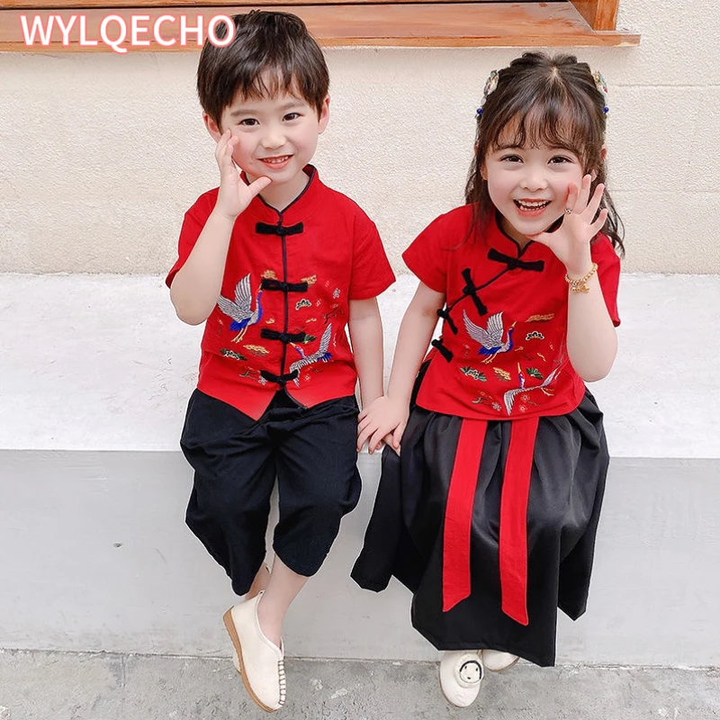 2ks Tradičné čínske novoročné kostýmy oblečenie pre deti Spring Festival Tang Suit Girl Boy Sets Set krátke rukávy top+nohavice+sukňa