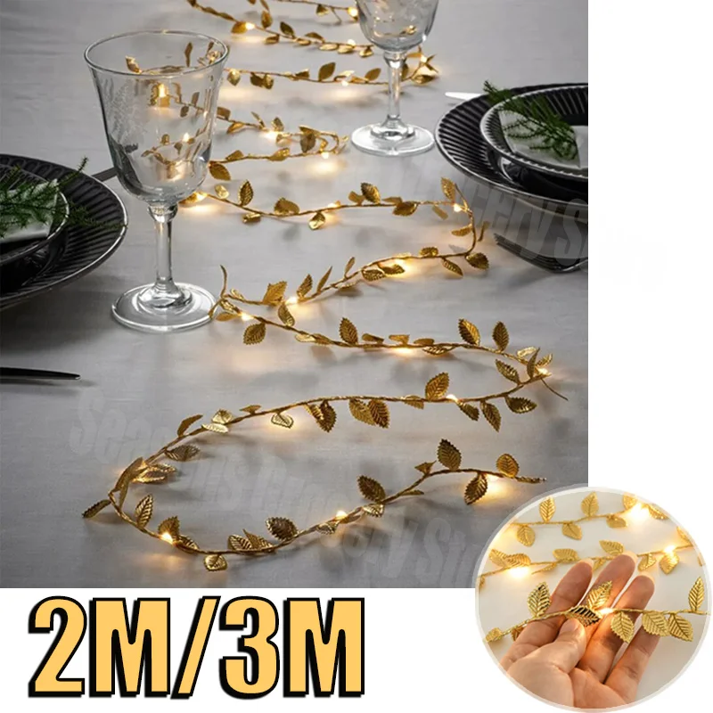 2m 20led Golden Listy String Fairy Lights na svadobnú narodeninovú oslavu dekorácia Domáca záhrada umelá rastlina Girland Vine Light