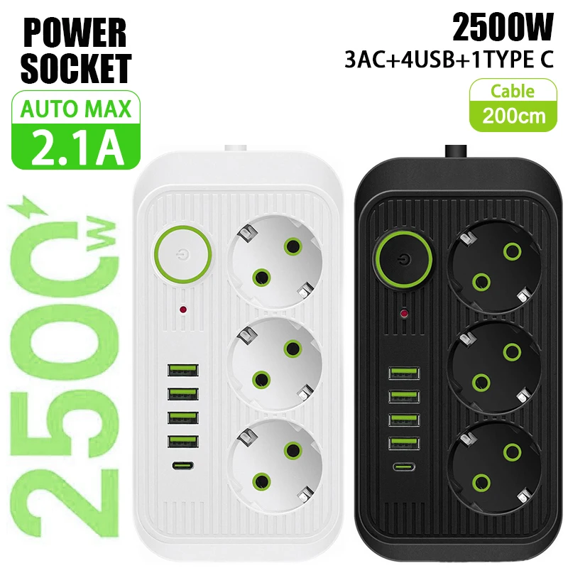 2m EÚ zástrčka striedavecký striedavý striedavec Multitap Socket Extension Electrical Power Strip s USB Type C Rýchle nabíjanie sieťového filtračného adaptéra