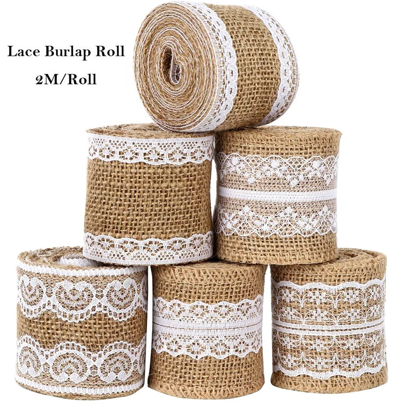 2m/roll 5 cm Prírodné jutové pytlové kotúče Hessian Ribbon s čipkou vintage rustikálna svadobná dekorácia Ornament Party pre domácich majstrov remeselníkov