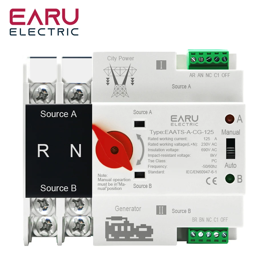2P 125A AC 230V Jednohafázové din Rail ATS PV menič dvojitého výkonu Automatický prenos elektrických spínačov Elektrických selektorov nepretržite