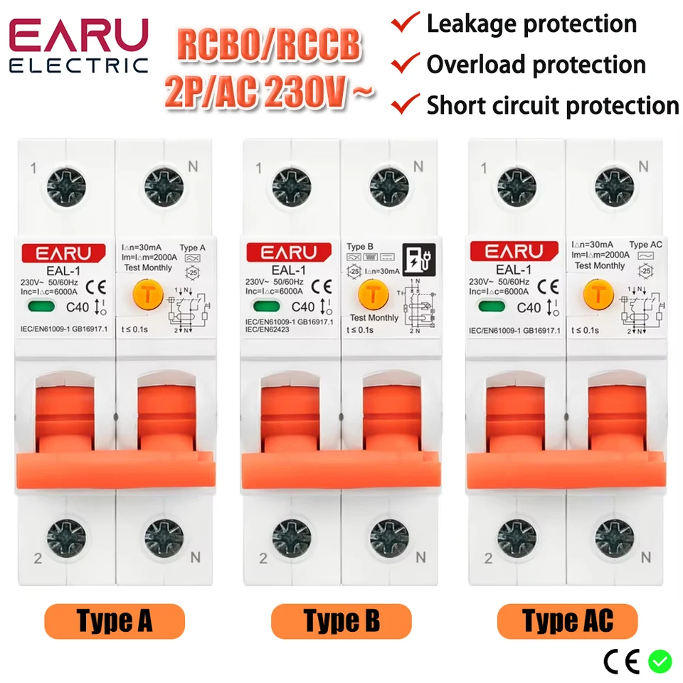2P 30MA AC AB Typ RCBO RCCB MCB Elektronický zvyškový prúd istič v krátkom prúde na nabíjačku EV EV