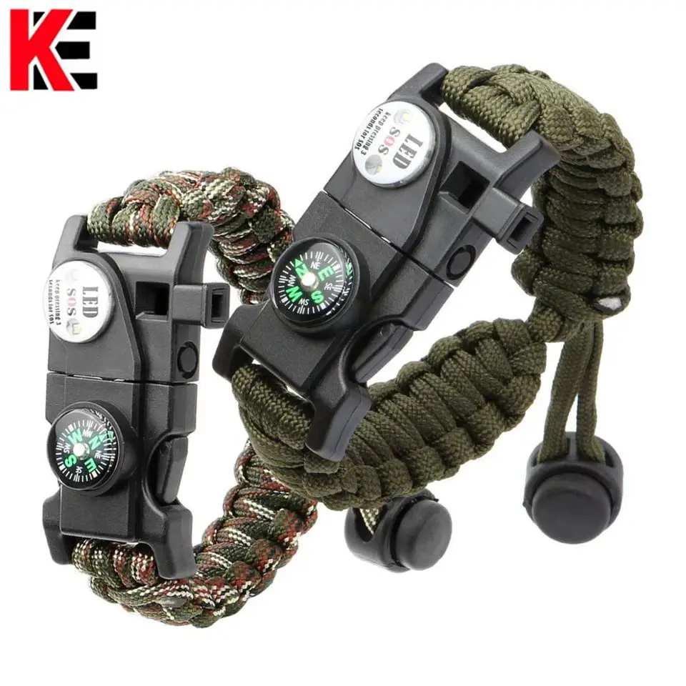 2PC Outdoor prežitie Paracord náramok vedený multifunkčný náramok prežije núdzové kempovanie turistika Rescue lana náramok