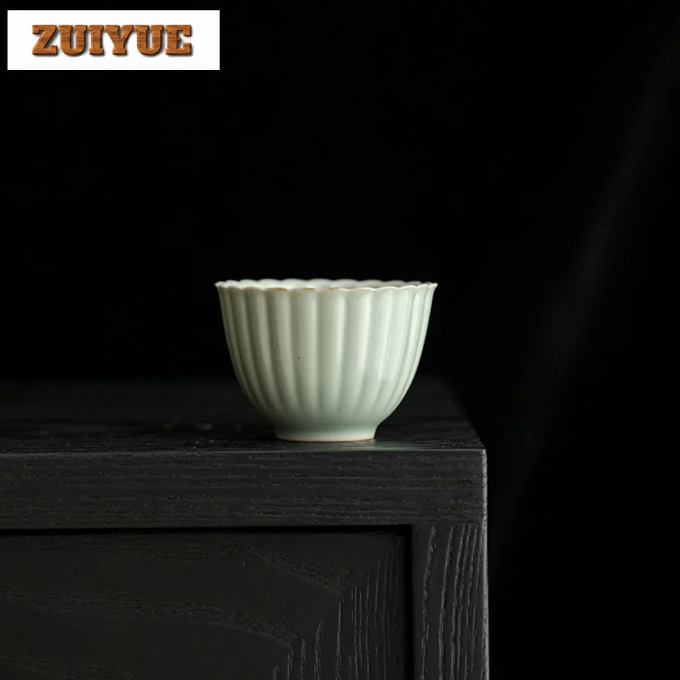 2pc/set Bean Green Glaze Ručne vyrábaný Master Cup Domácnosť Chrysanthemum Petal Teacup Retro Mug Mug Meditation Cope Taveware 50 ml