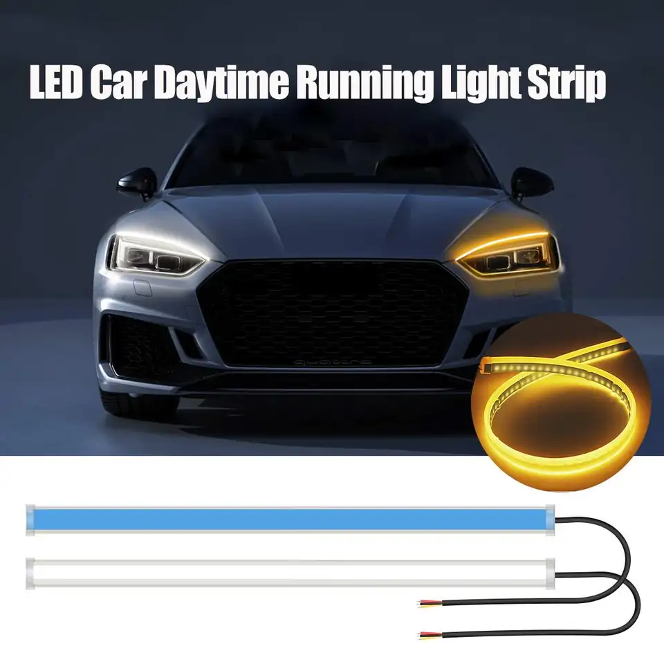 2pcs 12V LED DRL CAR DENNE RUDNÁ Svetlo Flexibilný vodotesný pás Auto svetlomety biely zákrut Signál Žltý brzdový prietok svetla