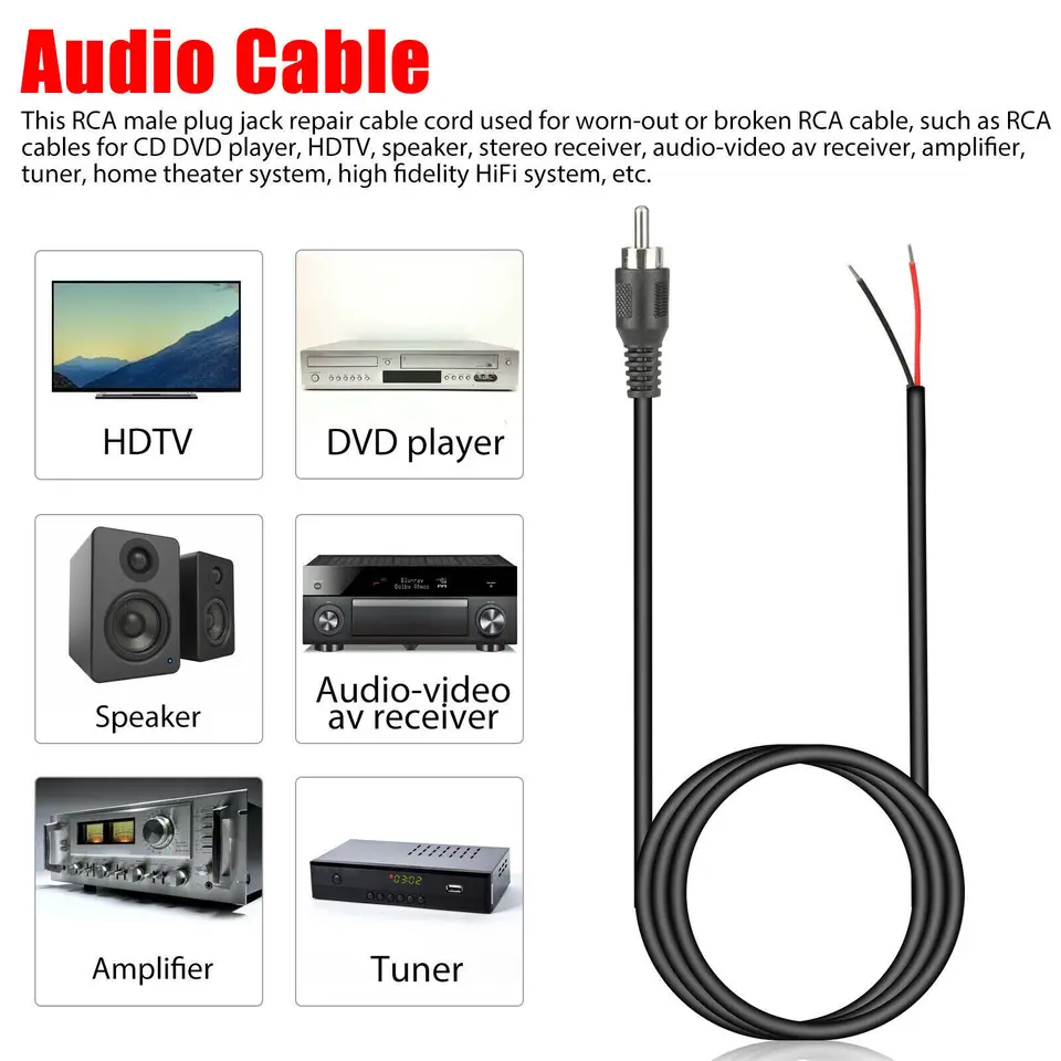 2pcs 1m RCA samec zátky na holý drôt Otvorený konc subwoof Subwoofer HDTV kábelový kábel Nástroj na opravu káblov pre reproduktor TV