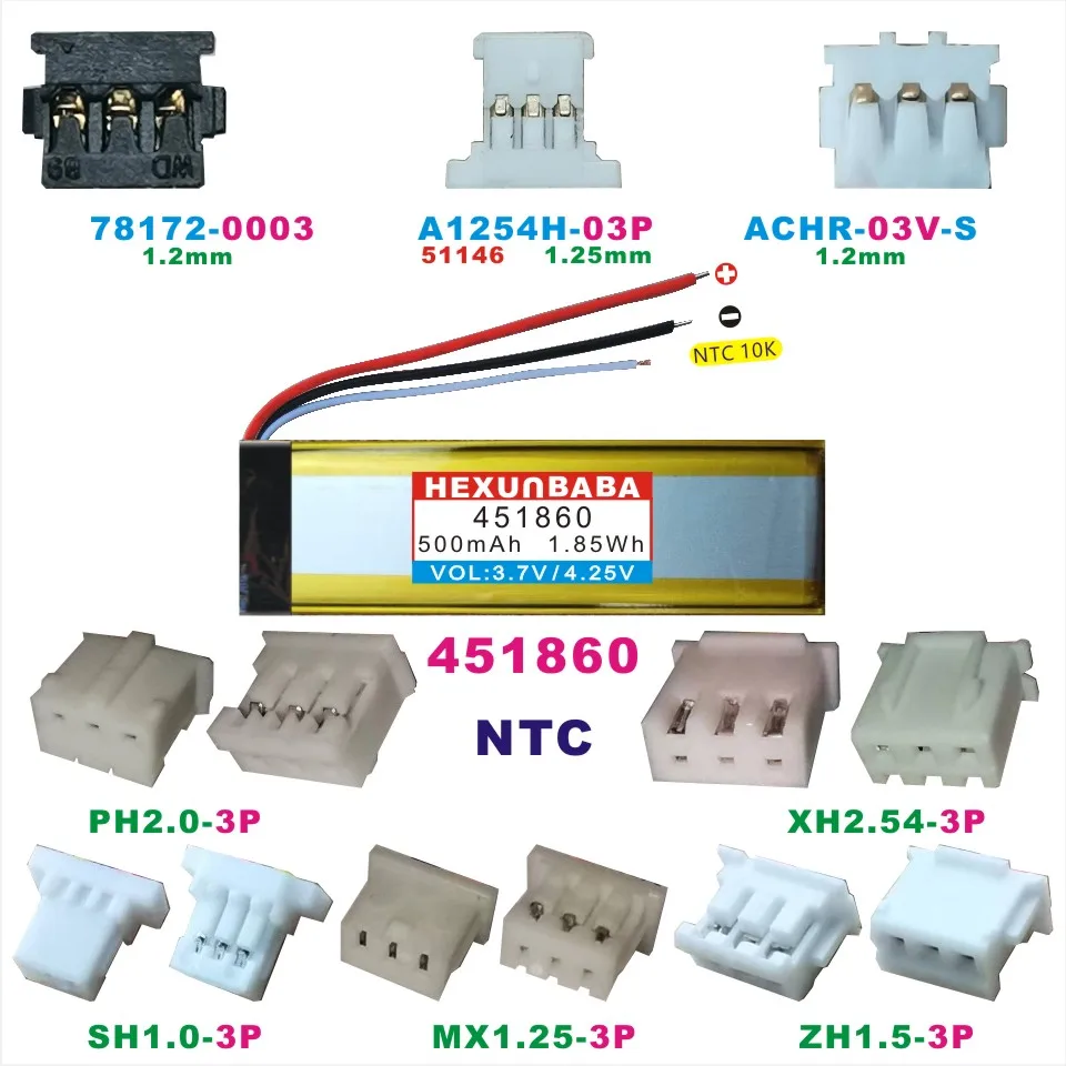 2pcs 451860 NTC 3,7V 500MAH XH2,54 PH2.0 ZH1.5 MX1.25 SH1.0 78172 LI-ION BATTERS pre rekordné pero Správca slúchadiel slúchadiel pre slúchadlá T517