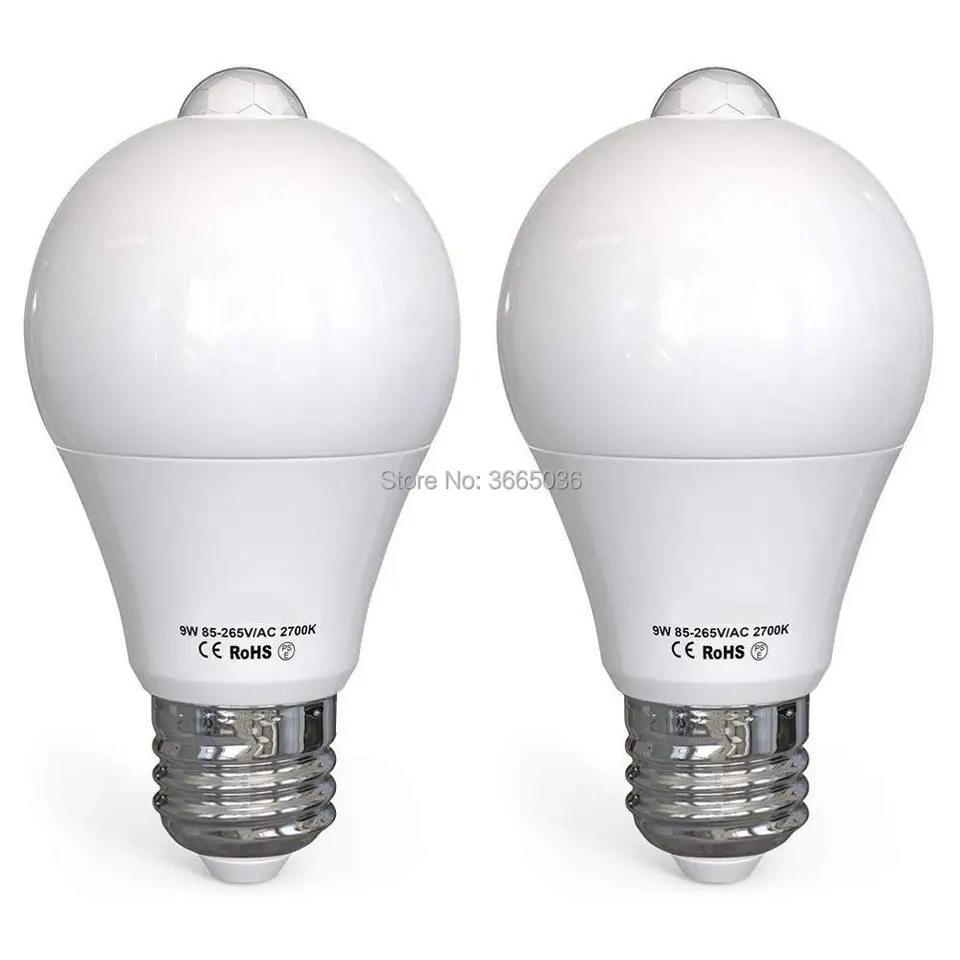 2pcs 9W snímač pohybu žiarovka DUSK DUSK TOWN Vstavané žiarovky detektora pohybu PIR 2700K Warm White Auto On/OFF E26 E27 110V 220V