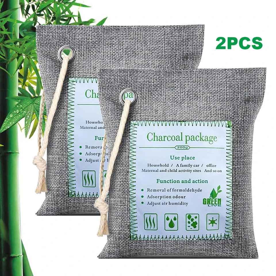 2PCS bambusové uhlie vrecká na zápach 2x200g Príroda čerstvé bambusové drevené uhlie čistenia vrecká na zápach pre dom