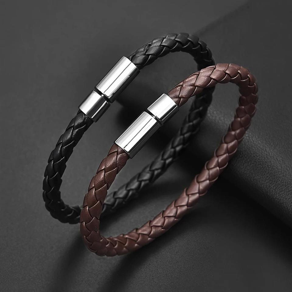 2pcs Brown Black Dva magnetické upevňovacie kožené náramky, pánske náramky, pánske náramky