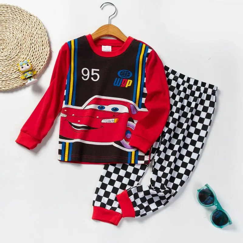 2pcs Cartoon Car pyžama set s dlhým rukávom blesky McQueen Cotton Sleewear Kids pyžamy 95 autá Detské oblečenie