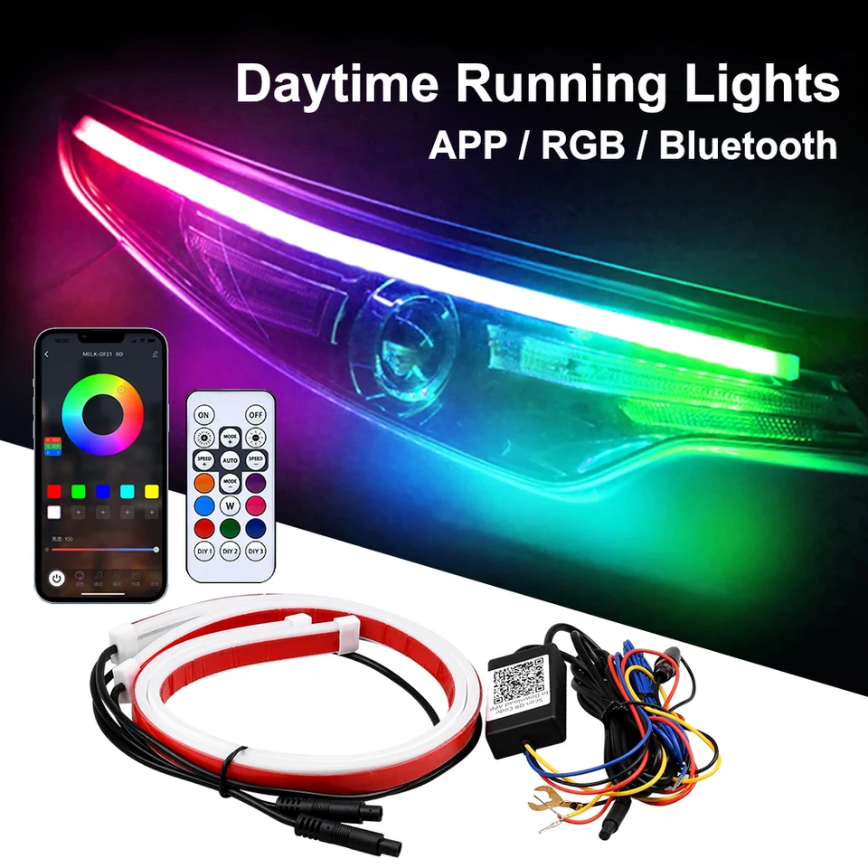 2pcs denné svetlá Automotive LED DRL s Turn Signal App App Diaľkové hlasové ovládanie automobilu dekoratívne neónové svetlá