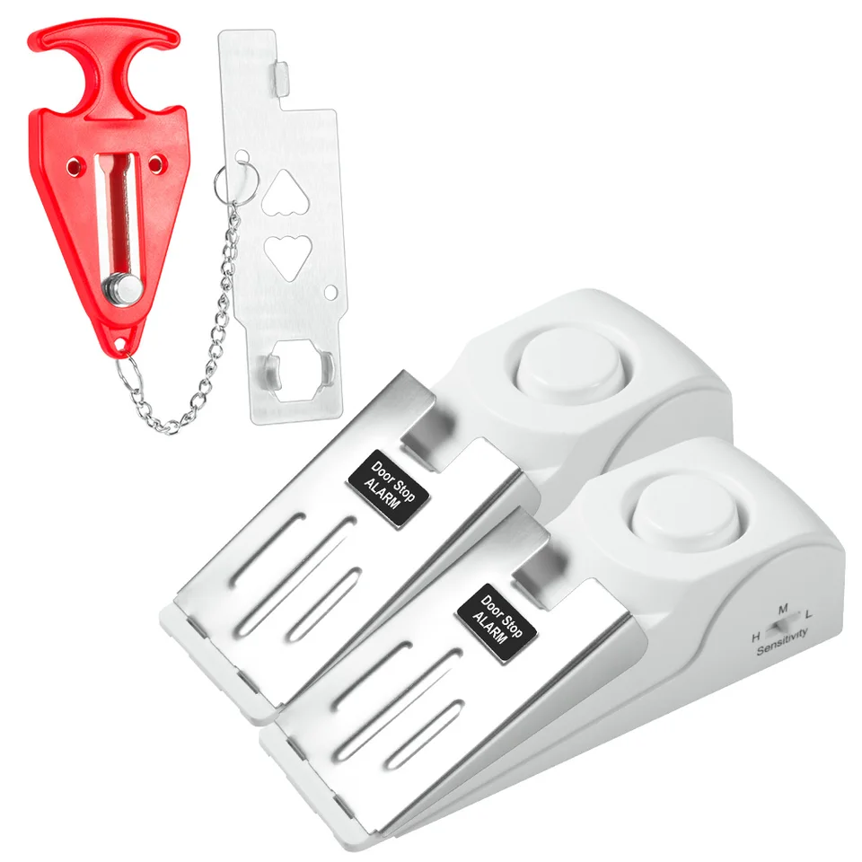 2pcs dvere zastavte alarm a 1pc zámok dverí 120 dB Dvere Security Alarm pre domáci hotel 3 úrovne Citlivosť Dvere Alarm klin