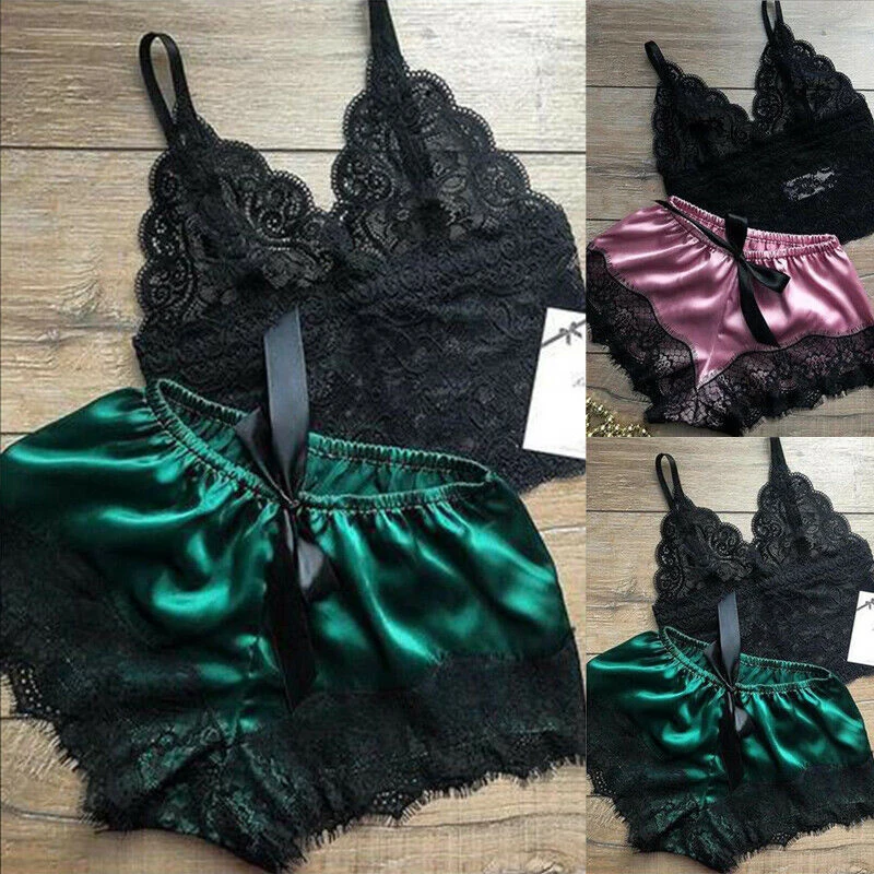 2pcs dámske čipkované spánkové oblečenie spodná bielizeň Tops Spravidla sada babydoll pyžamy nočné oblečenie