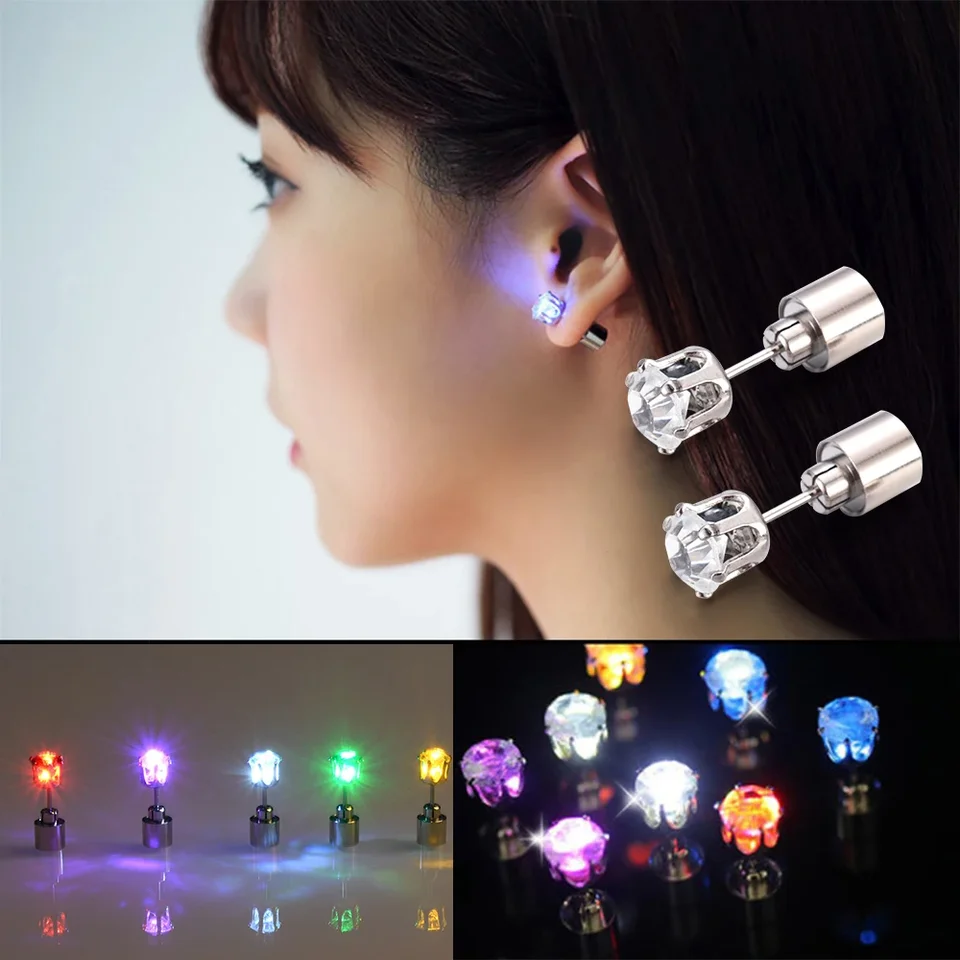2pcs farebné LED žiarivé gombíky štvorcové náušnice zirkon