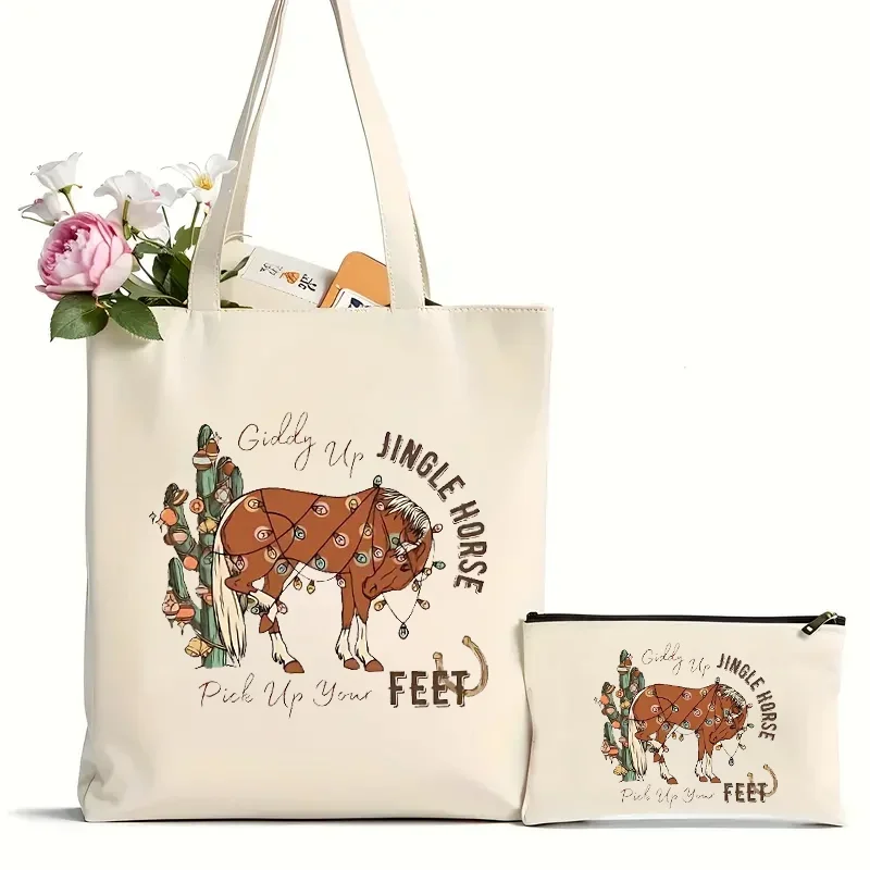 2pcs giddy hore koňom vyzdvihnite svoje nohy na nákupné organizátor Funny Canvas Tote Bag Books Organizátor nakupujúci taška pre dámy