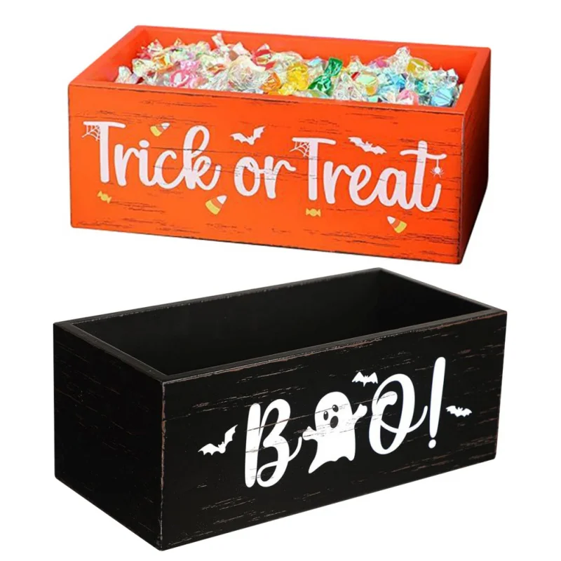 2pcs Halloween Candy Bowl Drevené trik alebo ošetrenie držiak na cukrovinky slúžiace podnos pre vnútorné vonkajšie večierky