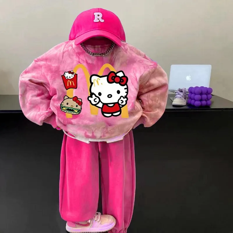 2pcs Hello Kitty Anime Kawaii Miniso Children s dlhým rukávom košele nohavice sada jar