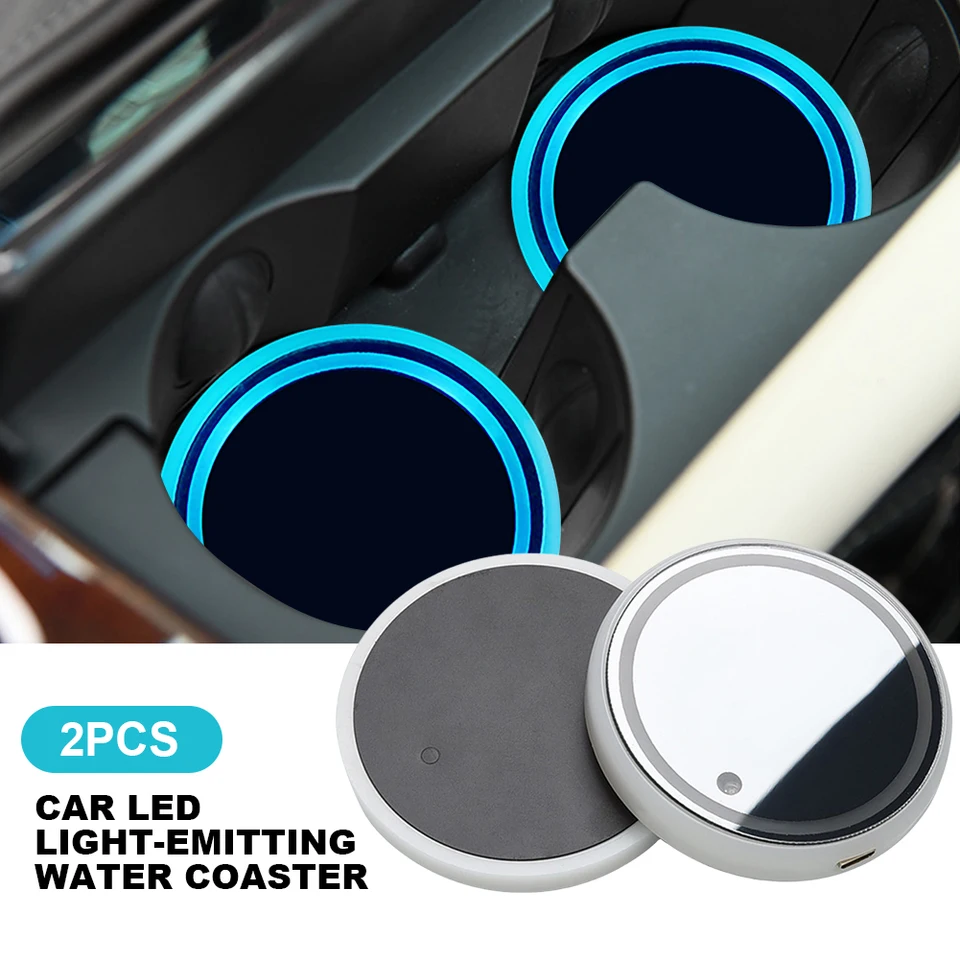 2pcs LED držiak držiak na držiak so 7 farebnými svetlami Atmosféra Svetlo pohár podložky USB nabíjanie 68 mm pre dekoráciu interiéru automobilu