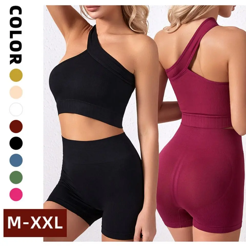 2pcs Pohodlné bezšvové ženy Cvičenie súpravy s vysokým pásom rebrovaným jogovým oblečením Tank Tops To Tops One Rameno Sports Bra Youth