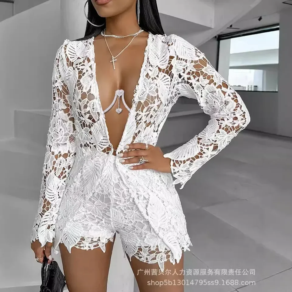 2pcs Pollge s dlhým rukávom Guipure Lace Top and Shorts Set Women Solid Color leto Sexy